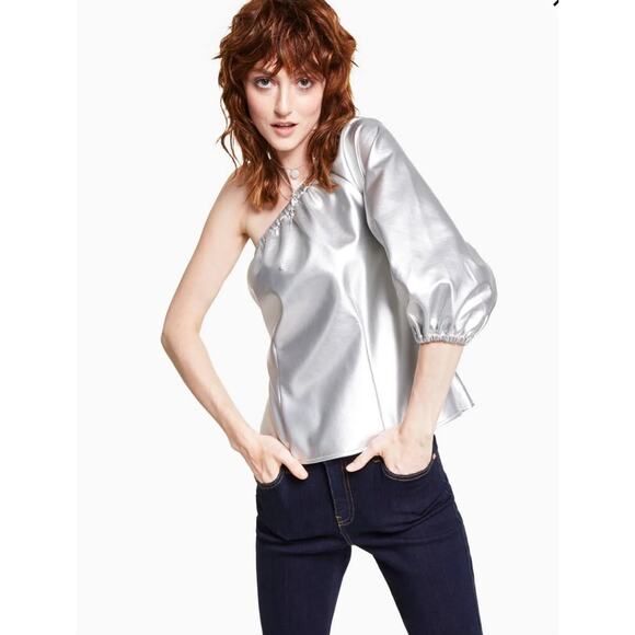 INC International Concepts Pleather One-Shoulder Top Silver Metallic - Size S - Picture 1 of 6